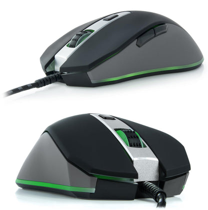 Plugable USB-PM3360 gaming mouse with DPI adjustment button, scroll wheel, side buttons, and 6-foot braided USB cable.