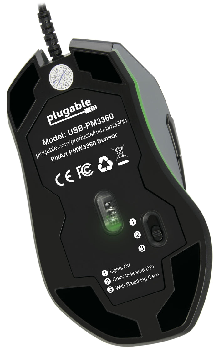 Underside of Plugable USB-PM3360 mouse showing PixArt PMW3360 sensor and 3-position switch for lighting modes.