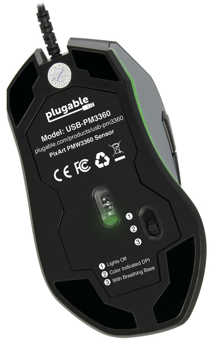 Underside of Plugable USB-PM3360 mouse showing PixArt PMW3360 sensor and 3-position switch for lighting modes.