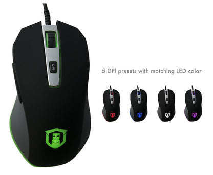 Plugable USB-PM3360 gaming mouse showing 5 DPI presets with matching LED colors.