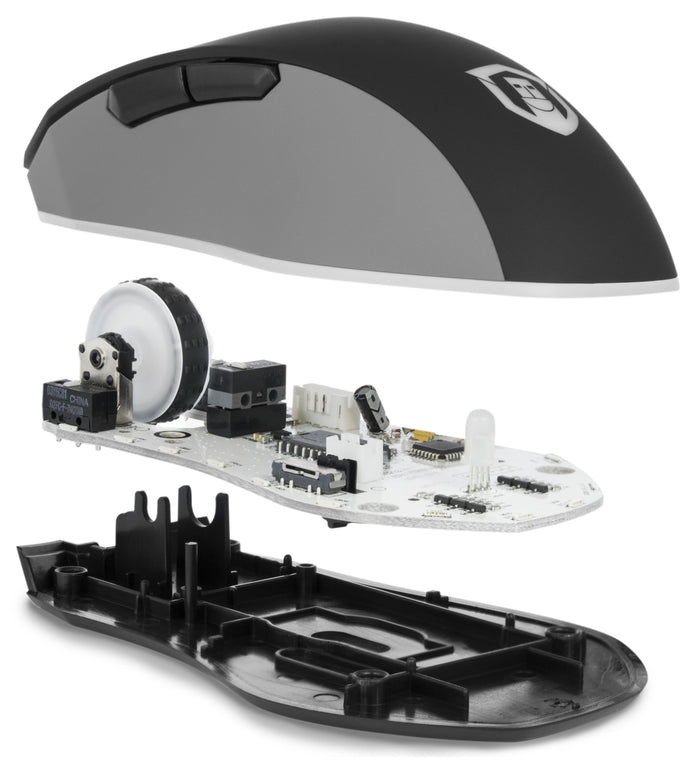 Exploded view of USB-PM3360 gaming mouse showing outer shell, internal circuit board with switches, and base plate.