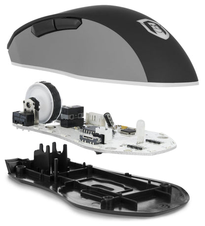 Exploded view of USB-PM3360 gaming mouse showing outer shell, internal circuit board with switches, and base plate.