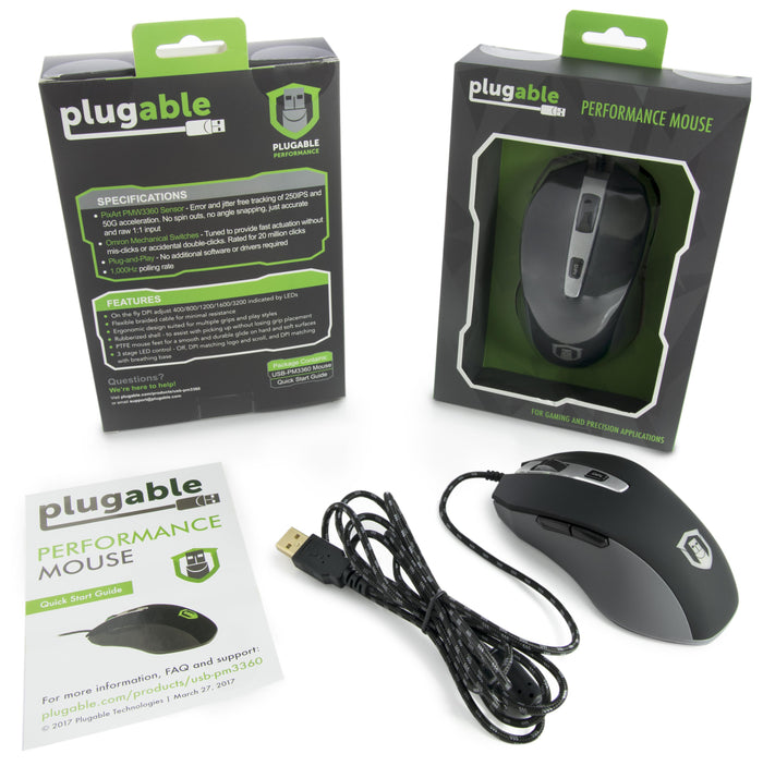Plugable USB-PM3360 mouse specs: PixArt PMW3360 sensor, Omron switches, 1000Hz polling, 400-3200 DPI, and braided cable.