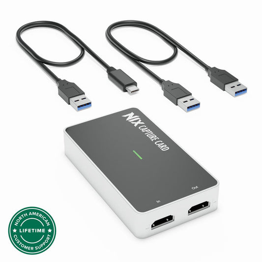 Plugable USBC-CAP60 HDMI capture card with In and Out ports, USB-A to USB-C and USB-A to USB-A cables, lifetime support.
