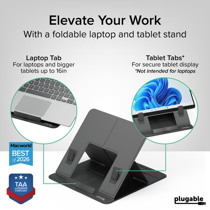PT-STANDX features laptop tabs for devices up to 16in and tablet tabs for secure tablet display. TAA compliant.