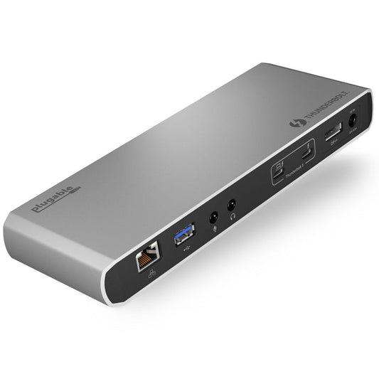 Plugable TBT3-UD1-85W dock with Ethernet, USB 3.0, audio jacks, Thunderbolt 3, DisplayPort++, and 20V 8.5A DC input.
