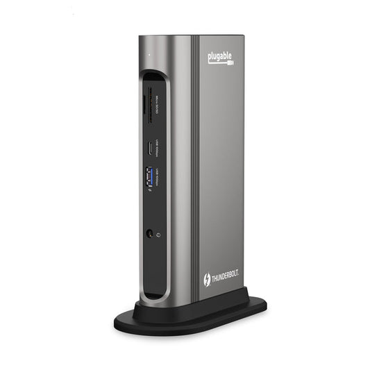 Plugable TBT3-UDZ Thunderbolt dock with front Micro SD/SD, USB 10Gbps, USB 10Gbps, and audio jack ports.