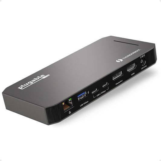 Plugable TBT3-UDC3 dock rear panel: Ethernet, USB 10Gbps, Thunderbolt, two USB-C 10Gbps, DisplayPort, HDMI, 20V/5.5A port.
