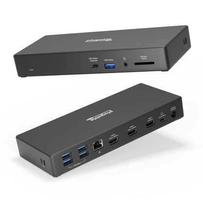 Plugable UD-768PDZ docking station with front USB-C 20W, USB 10Gbps, audio, SD UHS-II and rear 4x USB 5Gbps, Ethernet, 3x HDM