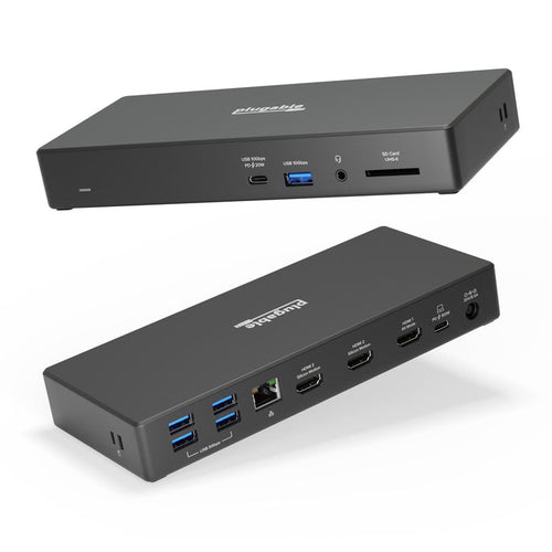 Plugable UD-768PDZ docking station with front USB-C 20W, USB 10Gbps, audio, SD UHS-II and rear 4x USB 5Gbps, Ethernet, 3x HDM