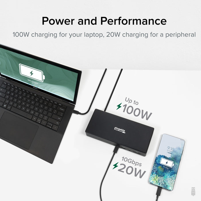 UD-768PDZ docking station provides 100W laptop charging and 20W peripheral charging at 10Gbps data transfer speeds.