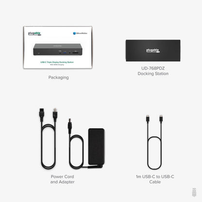 UD-768PDZ contents: packaging, docking station, power cord and adapter, and 1m USB-C to USB-C cable.