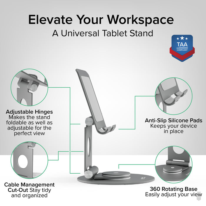 PT-STAND1 features adjustable hinges, anti-slip silicone pads, cable management cut-out, 360-degree rotating base, TAA.