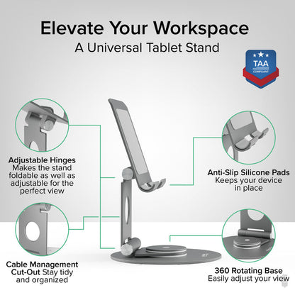 PT-STAND1 features adjustable hinges, anti-slip silicone pads, cable management cut-out, 360-degree rotating base, TAA.