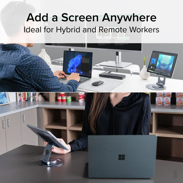 PT-STAND1 swivel tablet stand holding a tablet in a desk workspace, showing 360-degree rotation and adjustable angles.