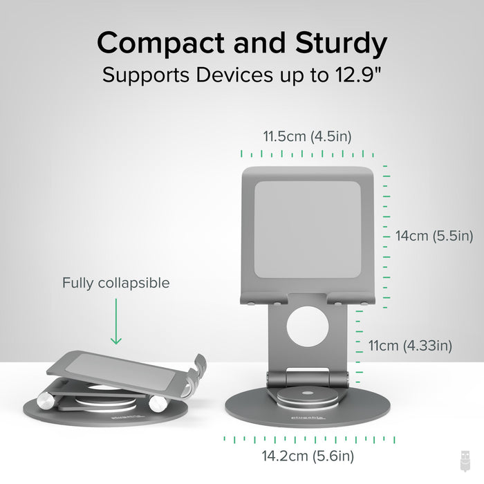 PT-STAND1 supports devices up to 12.9 inches. Dimensions: 11.5cm (4.5in) wide, 14cm (5.5in) height, 14.2cm (5.6in) base.
