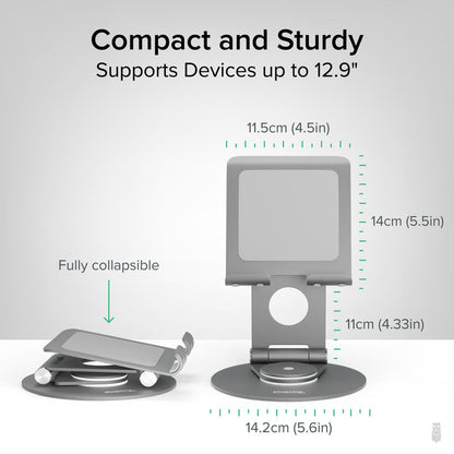 PT-STAND1 supports devices up to 12.9 inches. Dimensions: 11.5cm (4.5in) wide, 14cm (5.5in) height, 14.2cm (5.6in) base.