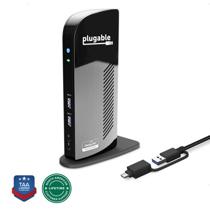 Plugable UD-3900C docking station with two USB 3.0 ports, headphone and microphone jacks, DisplayLink, and hybrid cable.