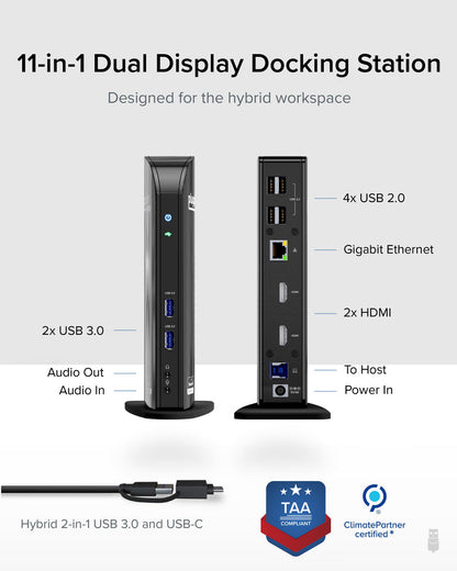 UD-3900C 11-in-1 dock: 2x USB 3.0, audio in/out, 4x USB 2.0, Gigabit Ethernet, 2x HDMI, host port, power, hybrid cable.