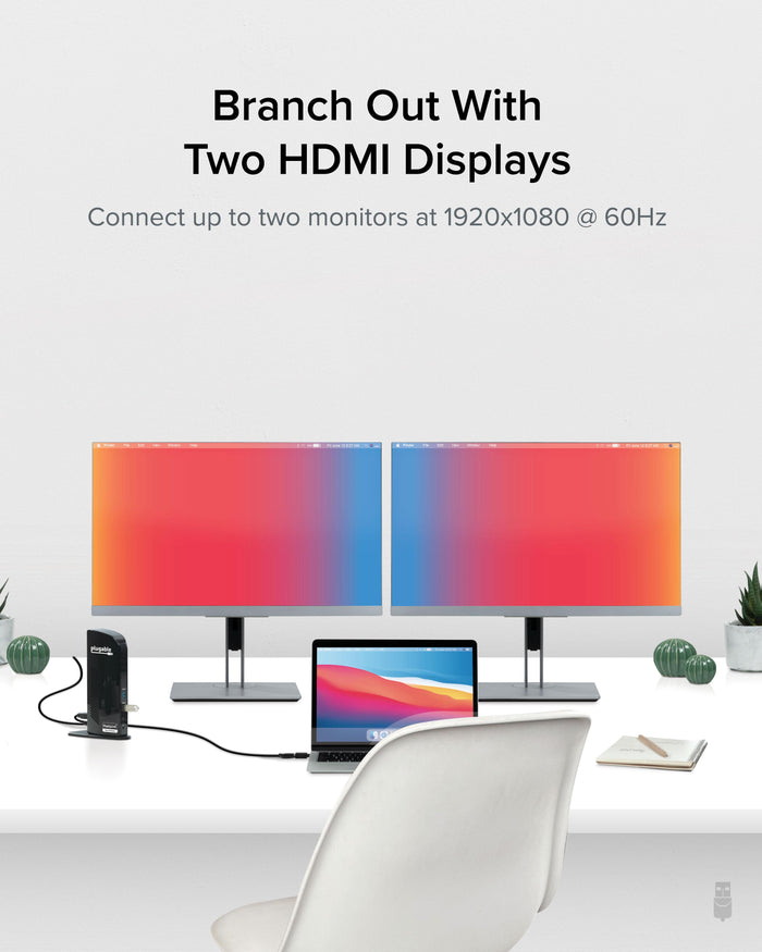 UD-3900C docking station supports two HDMI monitors at 1920x1080 resolution at 60Hz.