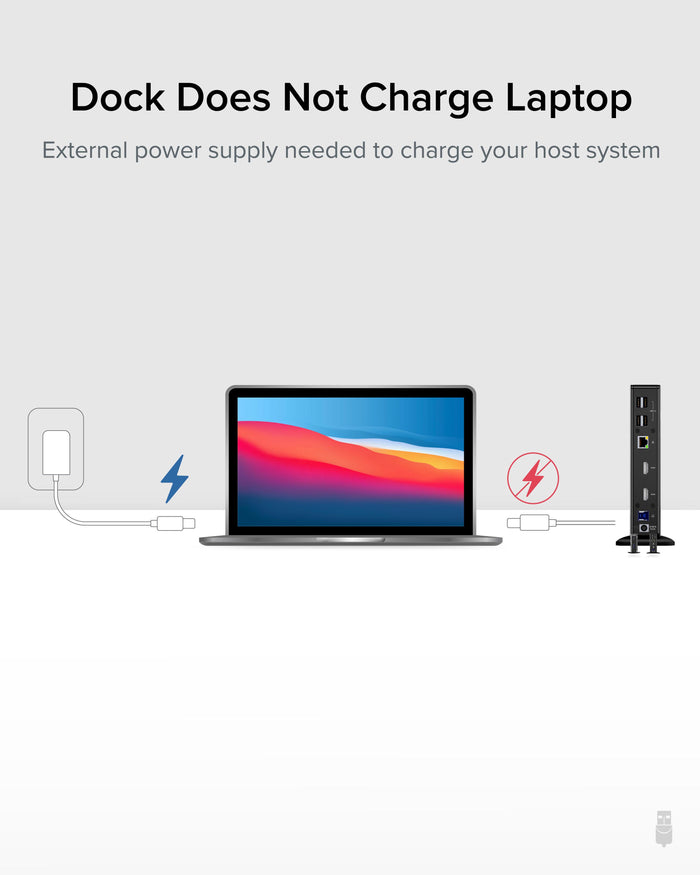 UD-3900C docking station does not charge laptop; external power supply required for host system charging.