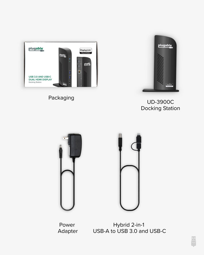 Plugable UD-3900C docking station, packaging, power adapter, and hybrid 2-in-1 USB-A to USB 3.0 and USB-C cable.
