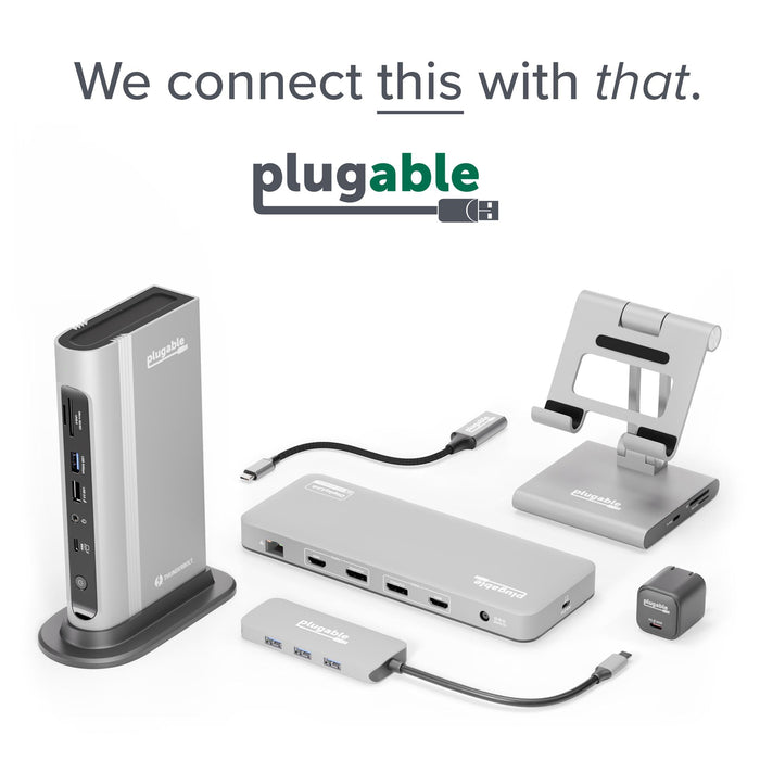 Plugable UD-3900C docking station components including ports for Ethernet, HDMI, USB, audio, and power.