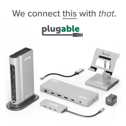 Plugable UD-3900C docking station components including ports for Ethernet, HDMI, USB, audio, and power.