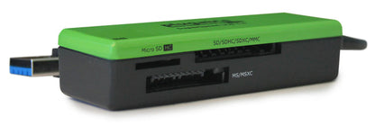 Plugable USB 3.0 card reader with slots for Micro SD HC, SD/SDHC/SDXC/MMC, and MS/MSXC cards.