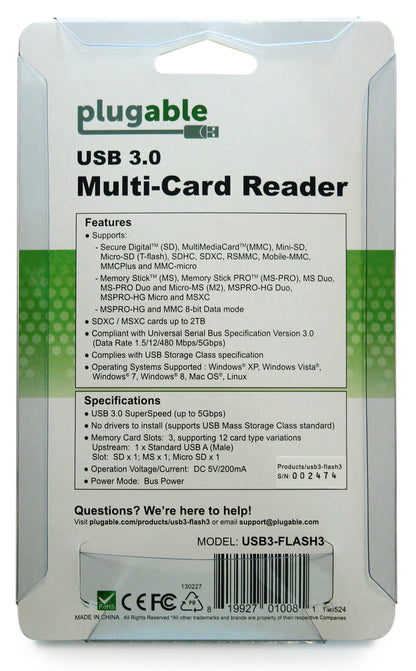 Plugable USB 3.0 Multi-Card Reader specs: supports SD, MS, MMC cards up to 2TB, 5Gbps data rate, 3 slots, bus powered.