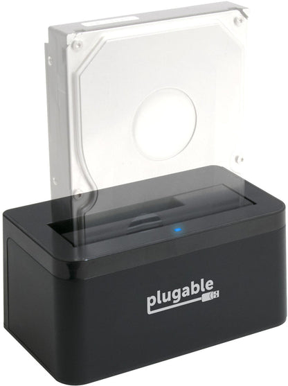 Plugable USBC-SATA-V upright hard drive and SSD docking station with a 3.5-inch SATA drive inserted.