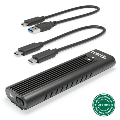 Plugable USBC-NVME M.2 NVMe SSD enclosure with USB-C to USB-C and USB-C to USB-A cables and lifetime customer support.