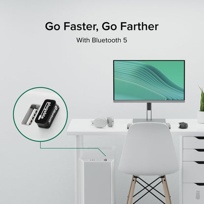 Plugable USB-BT5 Bluetooth 5 adapter shown connecting to a desktop PC tower.