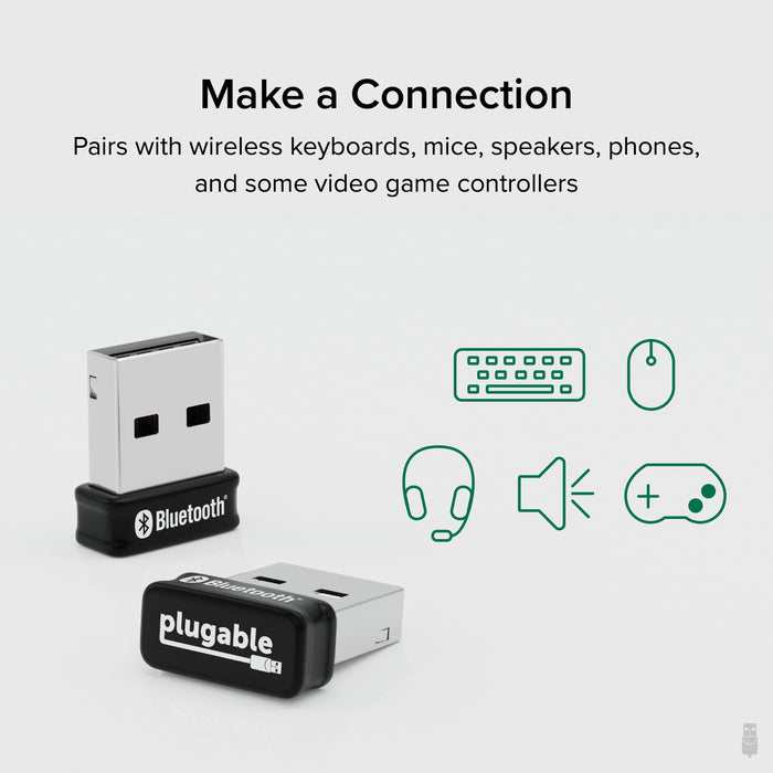 Plugable USB-BT5 Bluetooth adapter pairs with wireless keyboards, mice, speakers, phones, and game controllers.
