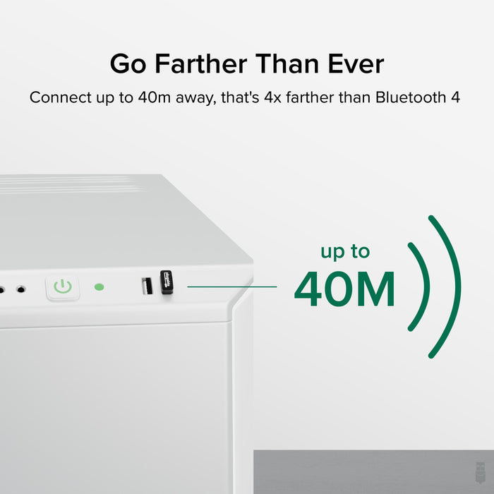 USB-BT5 Bluetooth adapter plugged into a PC, showing an enhanced connection range of up to 40 meters.