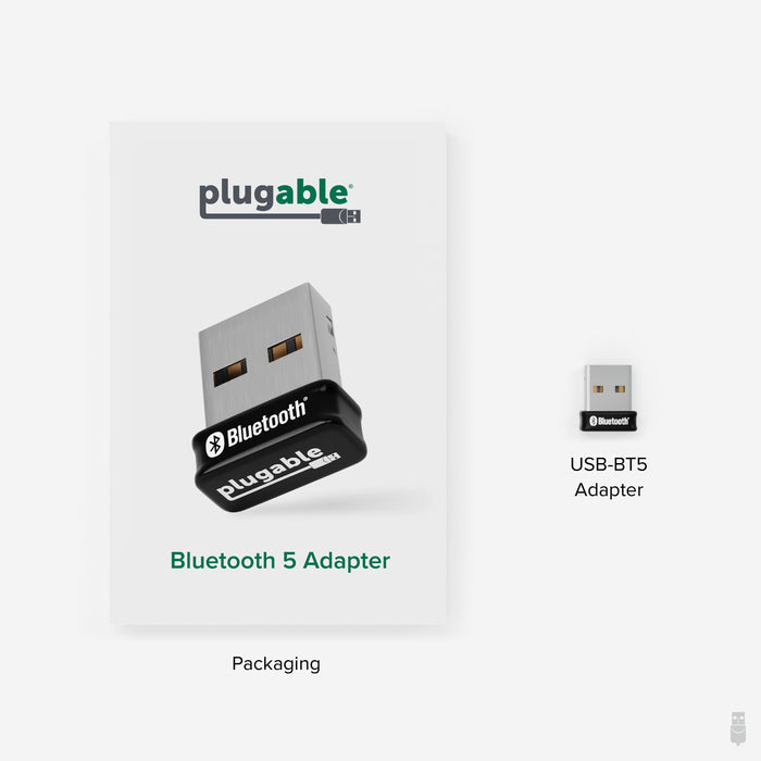 Plugable USB-BT5 Bluetooth 5 adapter shown with its product packaging.