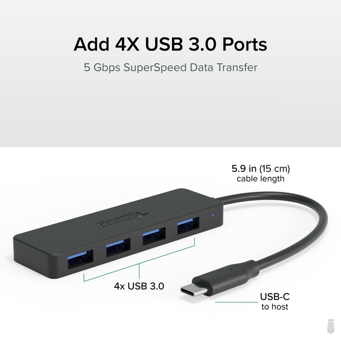 Plugable USBC-HUB4A: 4x USB 3.0 ports, 5 Gbps data transfer, 5.9 in (15 cm) cable, USB-C to host connector.