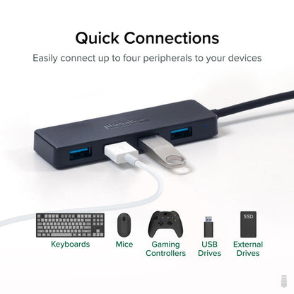 Plugable USBC-HUB4A 4-port USB 3.0 hub connecting peripherals including keyboards, mice, controllers, and USB drives.