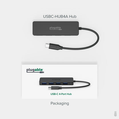 USBC-HUB4A USB-C 4-port hub showing top view and side view with four USB-A ports and integrated USB-C cable.
