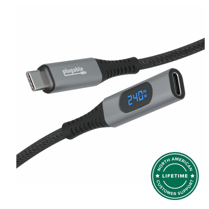 Plugable USB-C extension cable with integrated digital power meter displaying 240W PD, featuring lifetime support.
