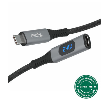 Plugable USB-C extension cable with integrated digital power meter displaying 240W PD, featuring lifetime support.