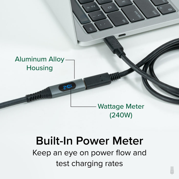 Plugable USBC-METER3-1MF features an aluminum alloy housing and a built-in 240W wattage meter for monitoring power flow.