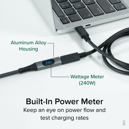 Plugable USBC-METER3-1MF features an aluminum alloy housing and a built-in 240W wattage meter for monitoring power flow.