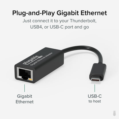Plugable USBC-E1000 adapter with Gigabit Ethernet port and USB-C connector for Thunderbolt, USB4, or USB-C host ports.
