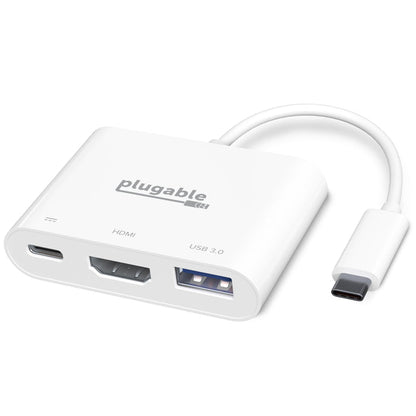 Plugable USBC-MD101 3-in-1 adapter with USB-C input, HDMI port, and USB 3.0 port.