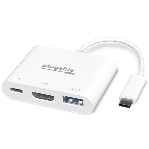 Plugable USBC-MD101 3-in-1 adapter with USB-C input, HDMI port, and USB 3.0 port.