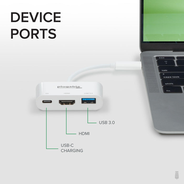 Plugable USBC-MD101 ports: USB-C charging, HDMI, and USB 3.0.
