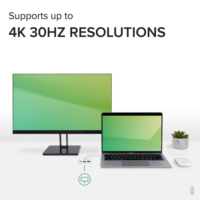 Plugable USBC-MD101 adapter connecting a laptop to an external monitor, supporting up to 4K 30Hz resolutions.