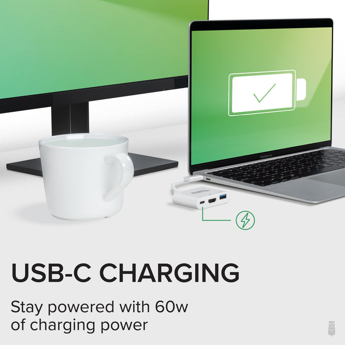 Plugable USBC-MD101 adapter providing 60W USB-C pass-through charging to a laptop.
