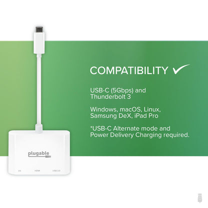 USBC-MD101 compatibility: USB-C (5Gbps), Thunderbolt 3, Windows, macOS, Linux, Samsung DeX, iPad Pro. Requires Alt Mode.